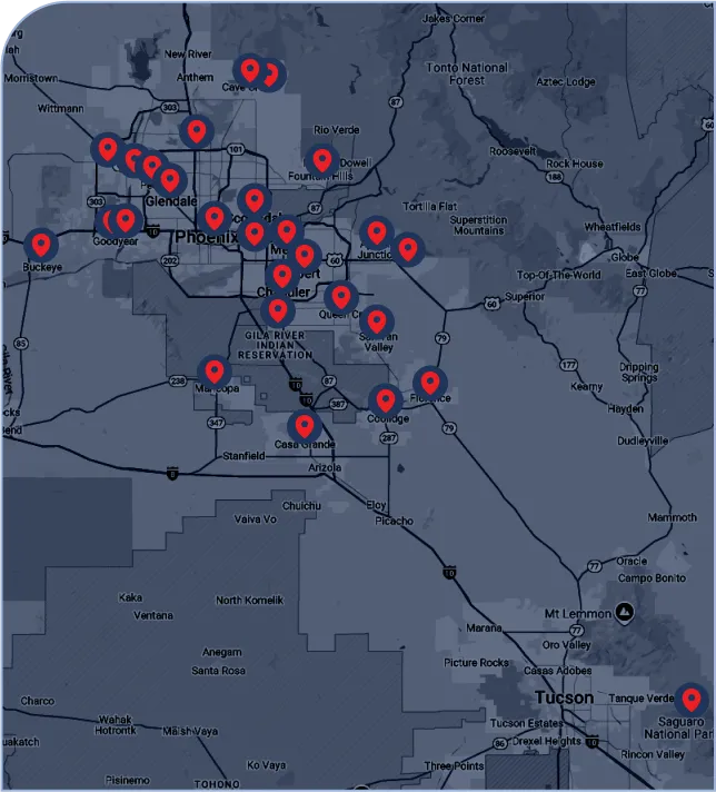 Map of the Phoenix metro area with red pins marking every Monster Air service area
